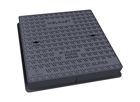 A square dark grey ductile iron Alpha Series manhole cover and frame with a V-shaped anti-slip pattern