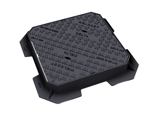 A rectangular dark grey ductile iron manhole cover and frame