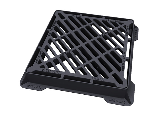 A square dark grey ductile iron storm drain grate and frame with a diagonal "Omega" pattern