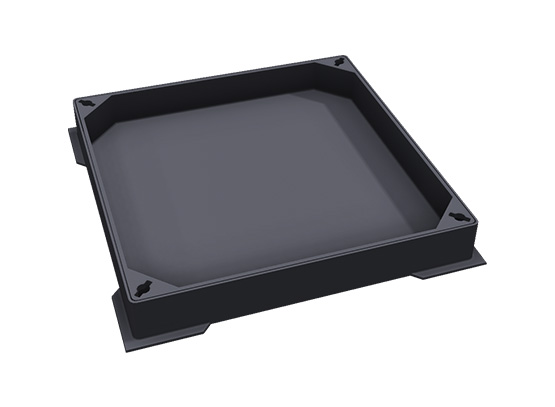 A square, dark grey ductile iron recessed manhole cover and frame